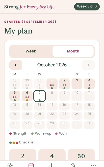 Monthly calendar showing completed sessions
