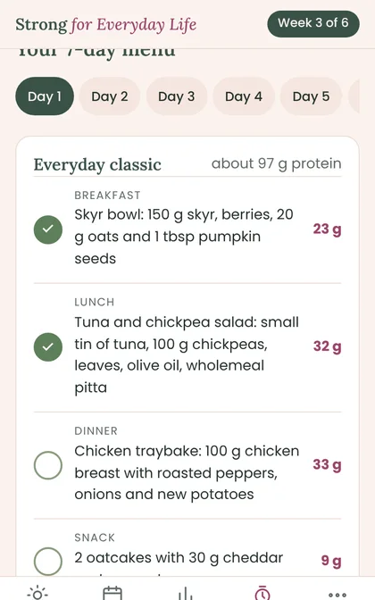 The 7-day menu with protein for each meal