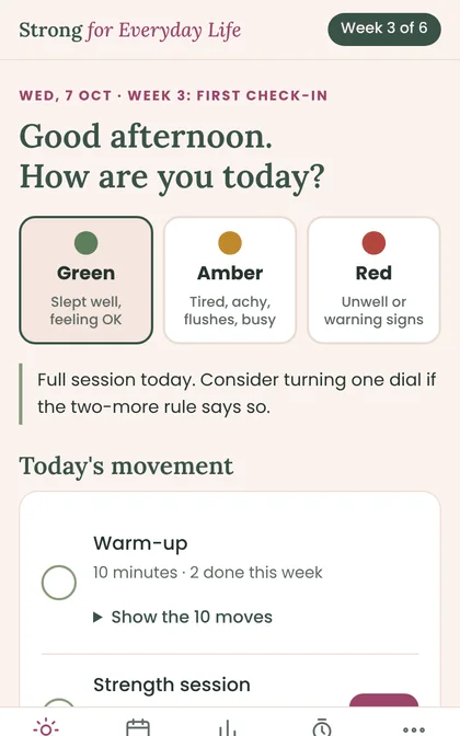 Today screen with a green, amber or red check-in