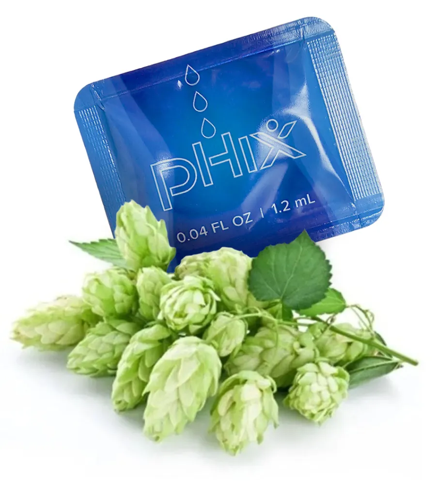 Phix MHE3 supplement snap with hops plant, featuring mature hops extract.