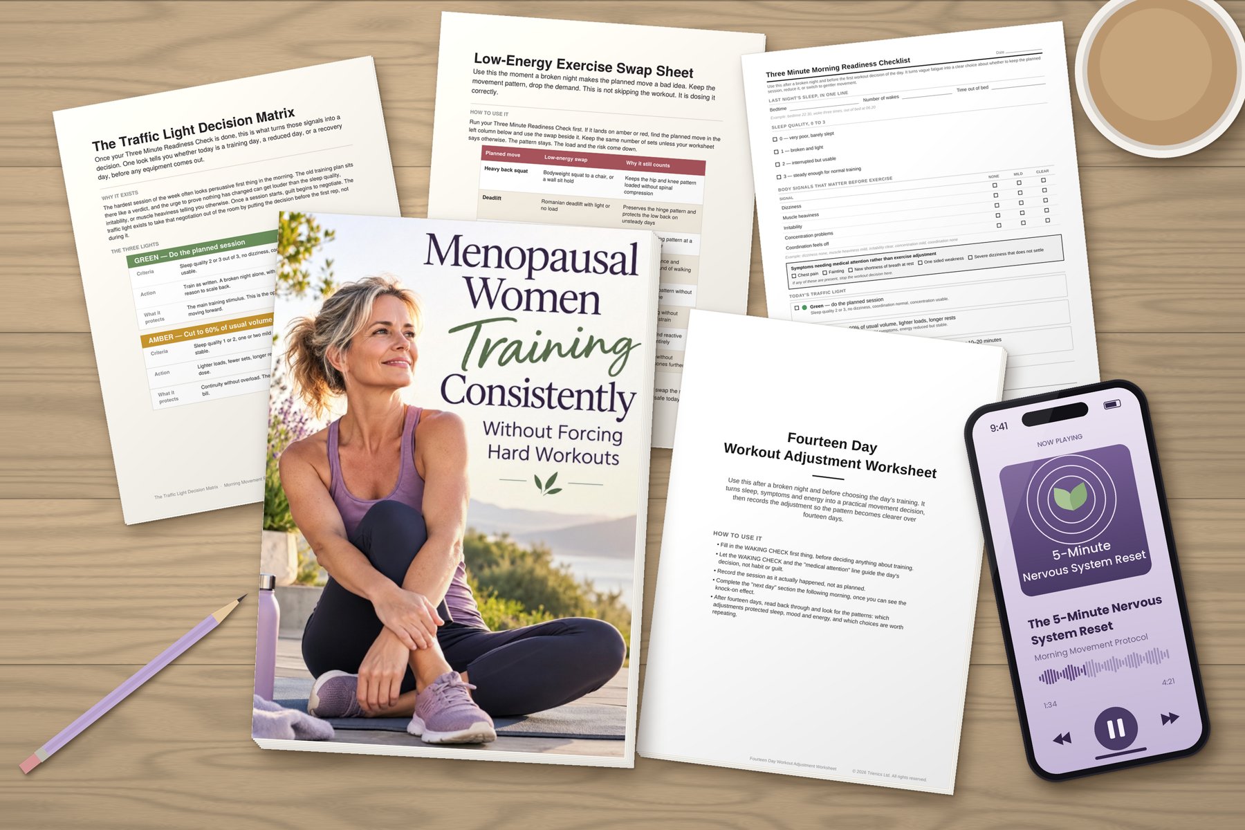 The Morning Movement Protocol guide with the Traffic Light Decision Matrix, Low-Energy Exercise Swap Sheet, Three Minute Morning Readiness Checklist, Fourteen Day Workout Adjustment Worksheet and 5-Minute Nervous System Reset audio