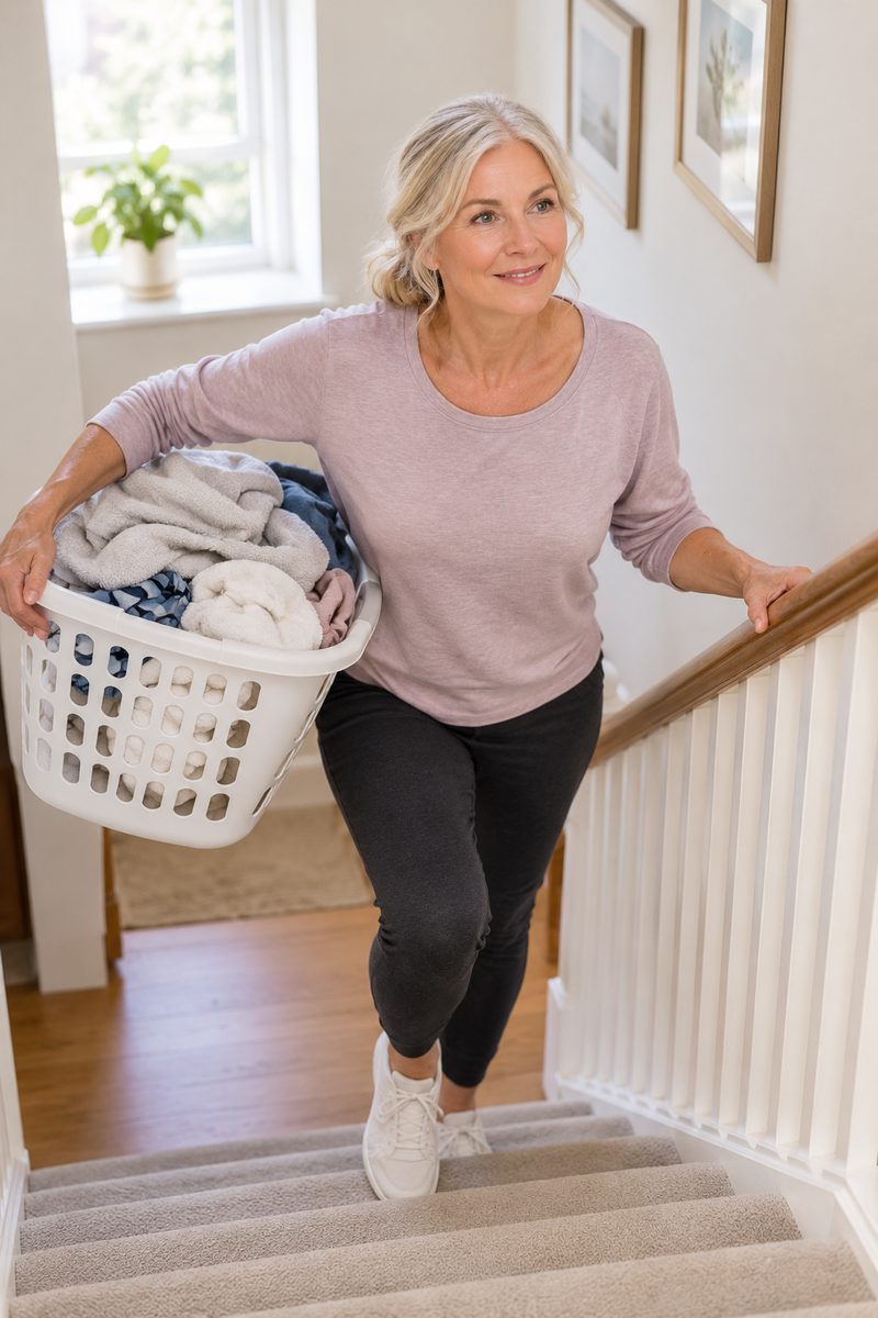 A smiling woman carrying a laundry basket up the stairs