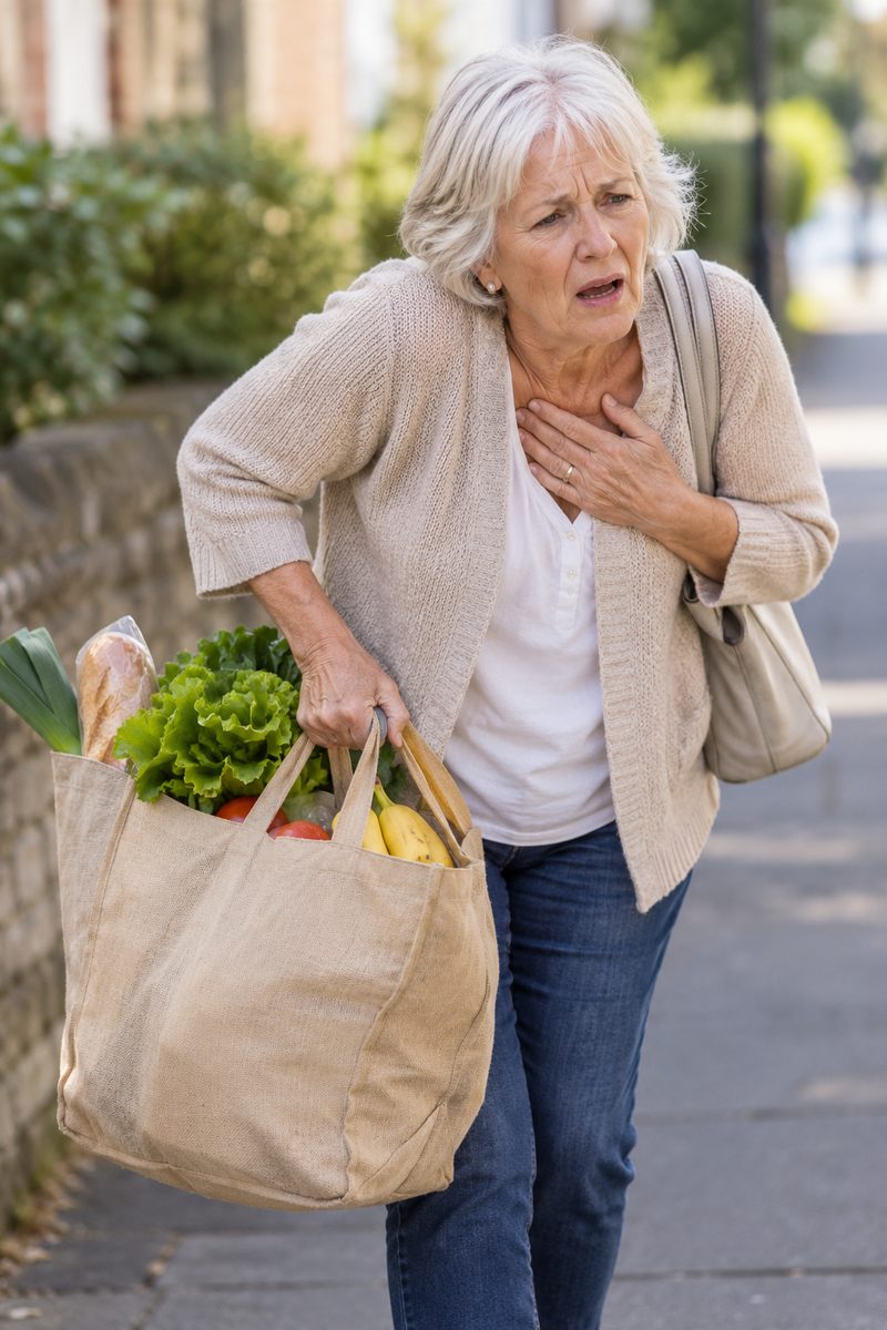 A woman out of breath carrying a heavy shopping bag
